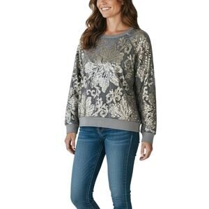Soft Surroundings Floral Silver Sequin Velvet Sweater - M
